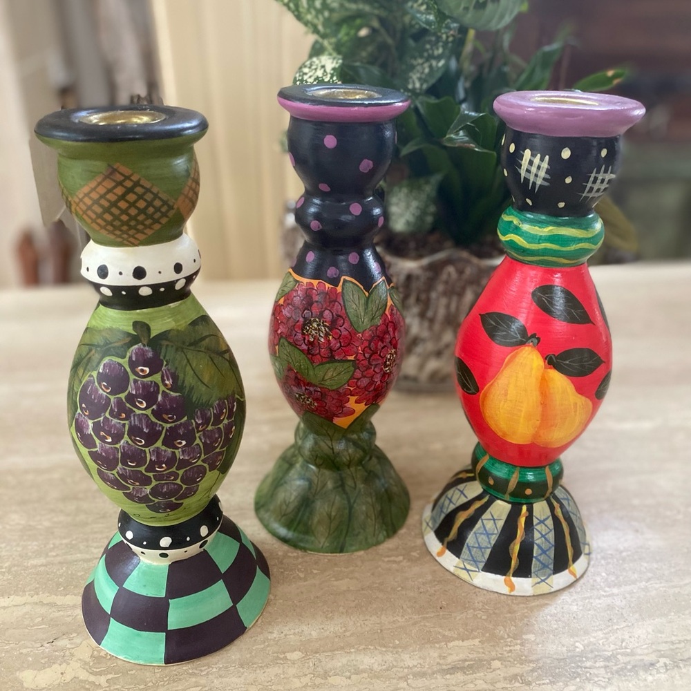 Colorful Hand-Painted Candle Holders Set of 3